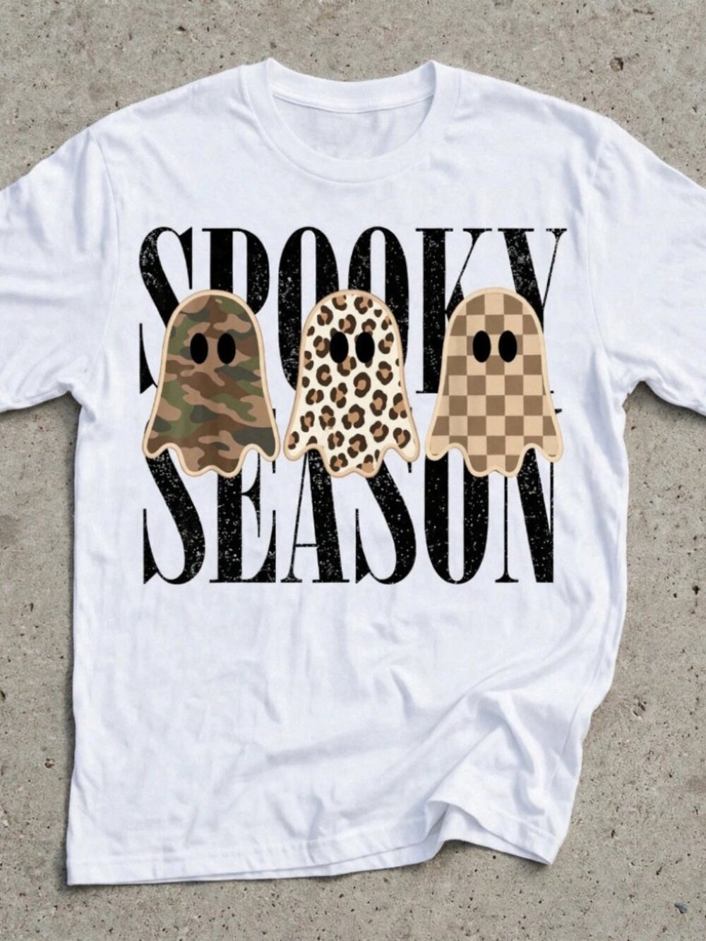 Spooky Season Ghost T-Shirt Halloween Camo Leopard Checkered Pattern White Tee